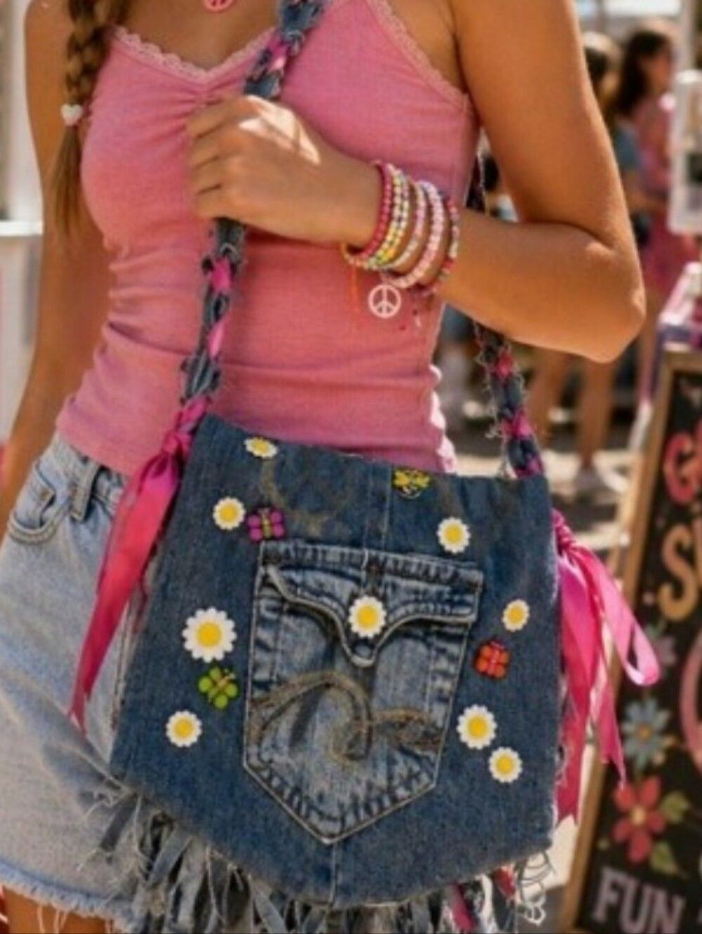Handmade Upcycled Denim Patchwork Crossbody Bag Fringe Boho Cottagecore Hippie